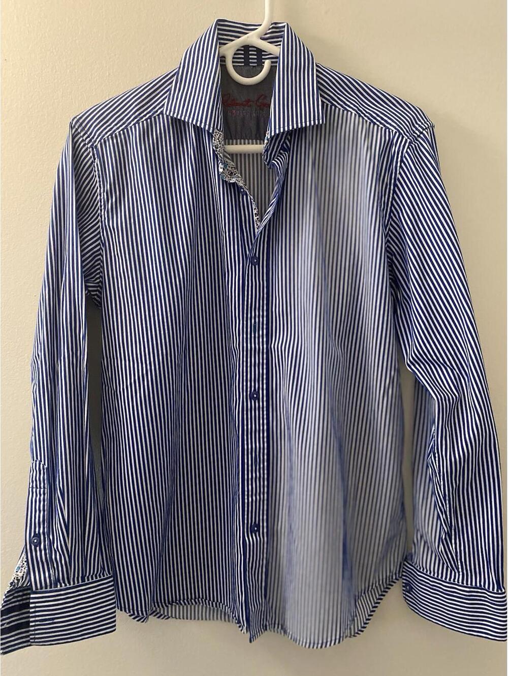 Robert Graham Men’s Blue Stripe Size S Embroidered Logo Floral Trim Long Sleeve